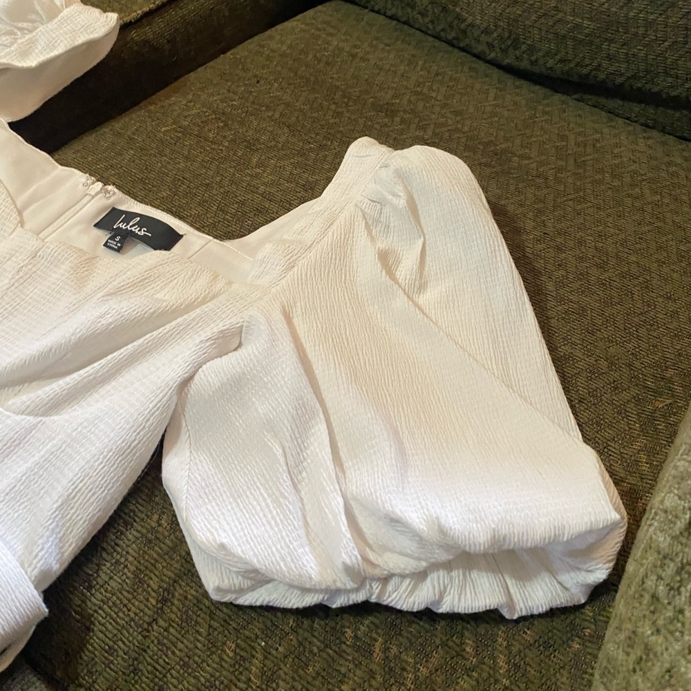 Lulu’s White Puff Sleeve Belted Mini Dress (Sz Small) - Picture 7 of 15